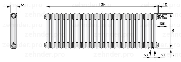 Схема (чертеж) Радиатор Zehnder Charleston 2050/25 №V002 Белый глянцевый RAL 9016